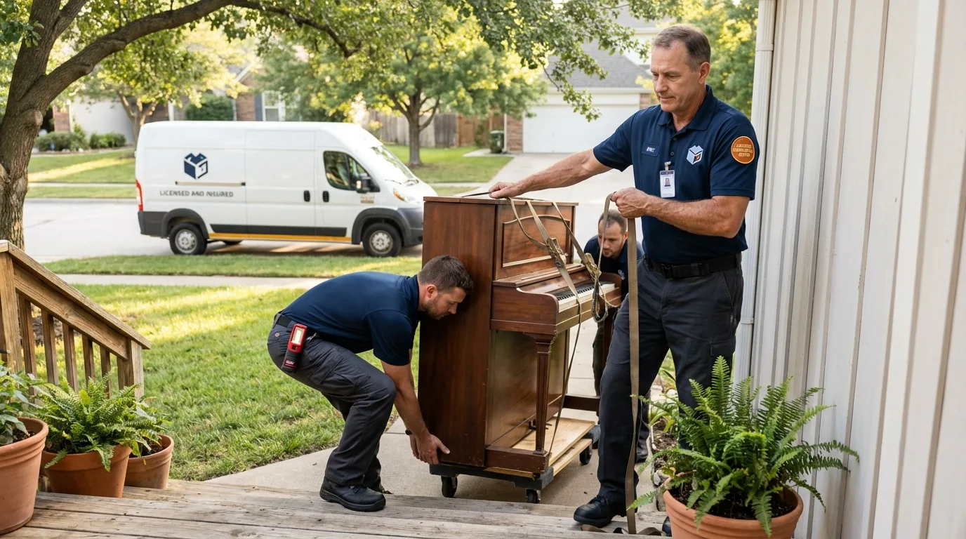 Licensed piano movers securing grand piano in Monroe, UT