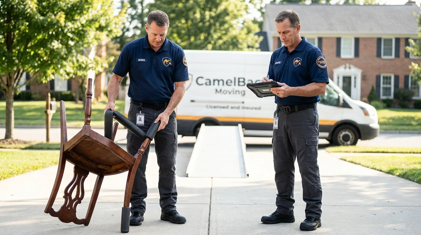 Movers inspecting furniture for damage prevention before loading in Monroe, UT