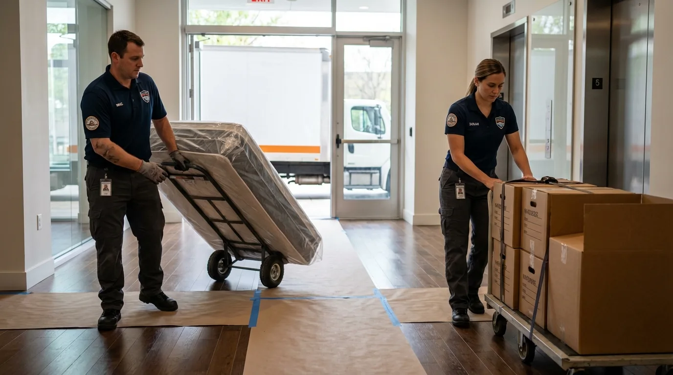 Professional apartment movers loading elevator in Monroe, UT
